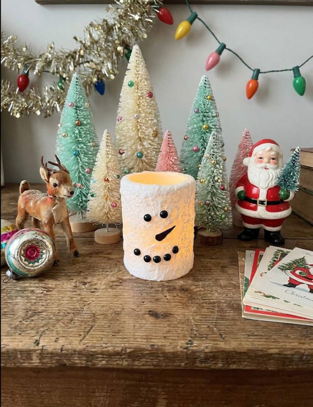 Christmas Short White Snowman LED Pillar with Timer Candle