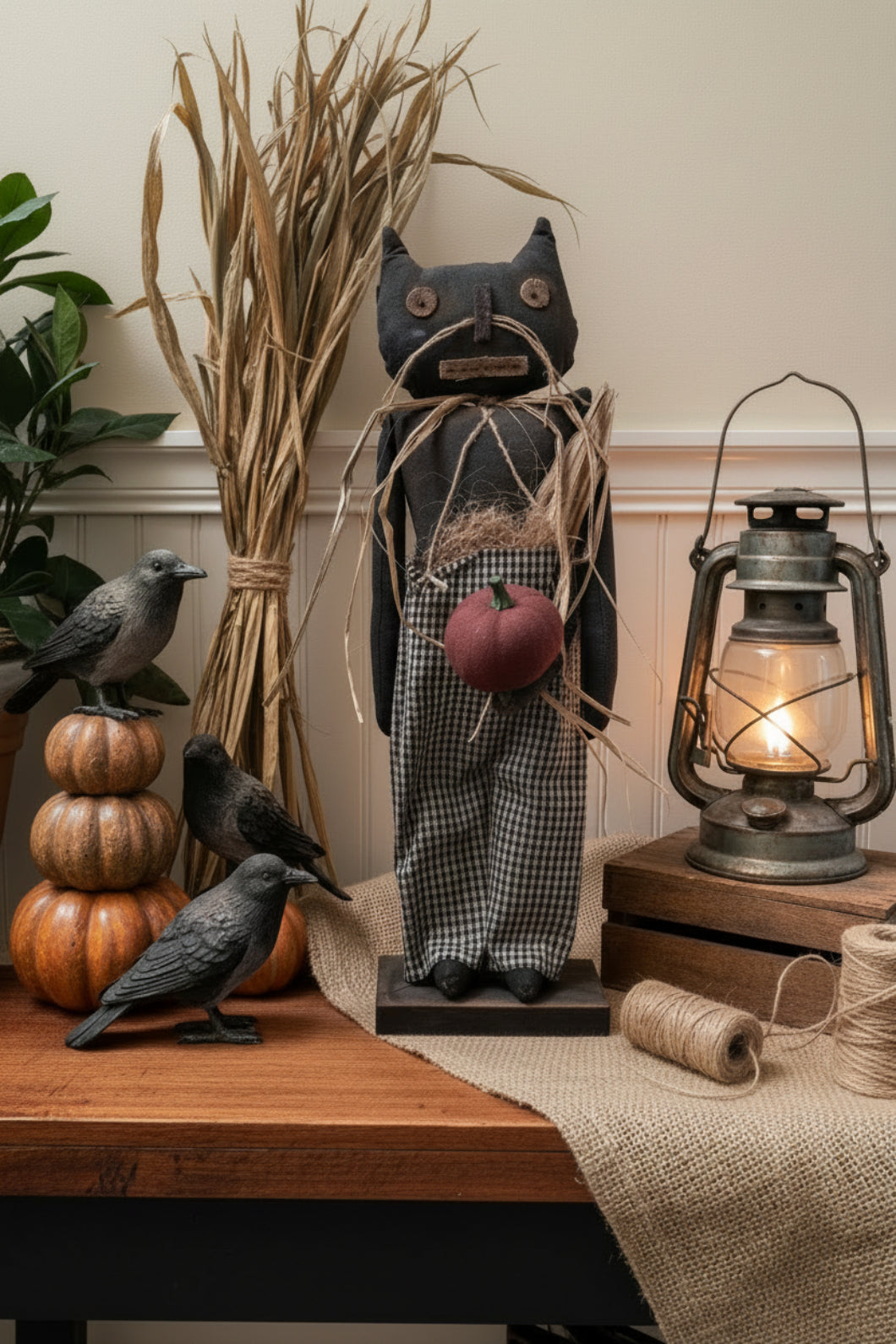 Primitive Handcrafted Halloween 21" Whiskers Cat Doll on Stand