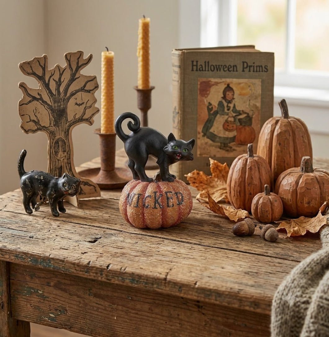 Halloween Black Cat on Glittered Pumpkin Figurine 6.5" – Primitive Folk Art Fall Decor 3 Styles - The Primitive Pineapple Collection