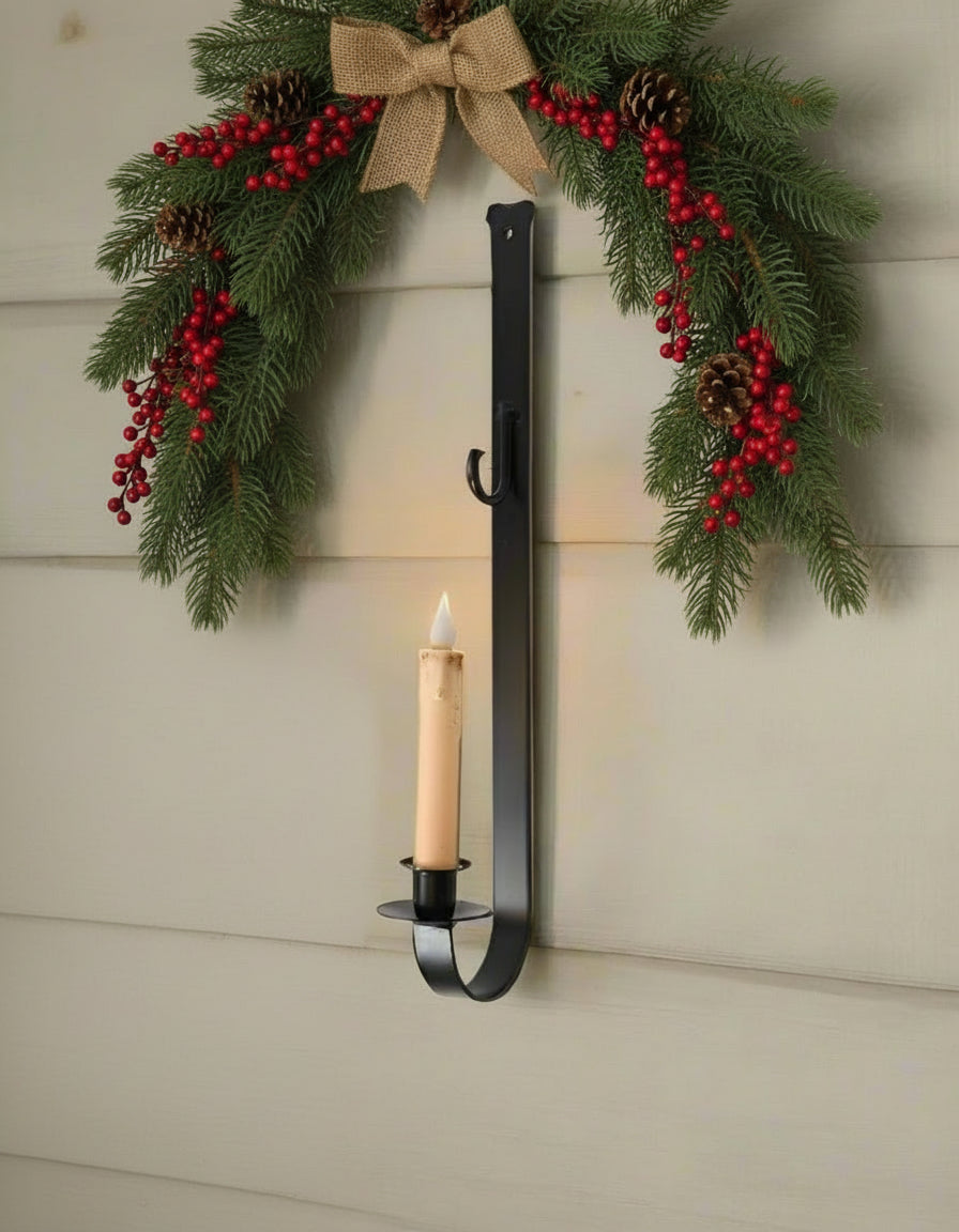Primitive Colonial Hand Forged Iron Wall Mount Wreath & Taper Holder 19" - The Primitive Pineapple Collection