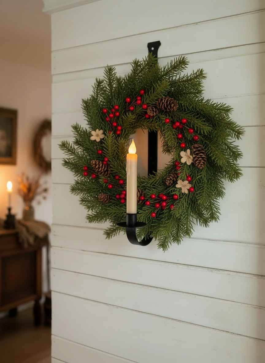 Primitive Colonial Hand Forged Iron Wall Mount Wreath & Taper Holder 19" - The Primitive Pineapple Collection