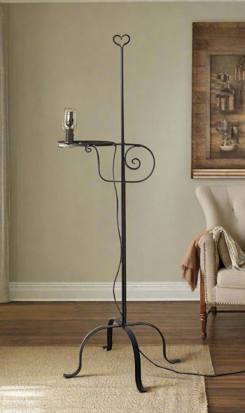 Primitive Wrought Iron Adjustable Floor Lamp with Heart Top USA - The Primitive Pineapple Collection