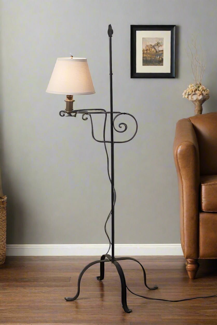Primitive Wrought Iron Flame Tip Adjustable Floor Lamp with Shade USA - The Primitive Pineapple Collection