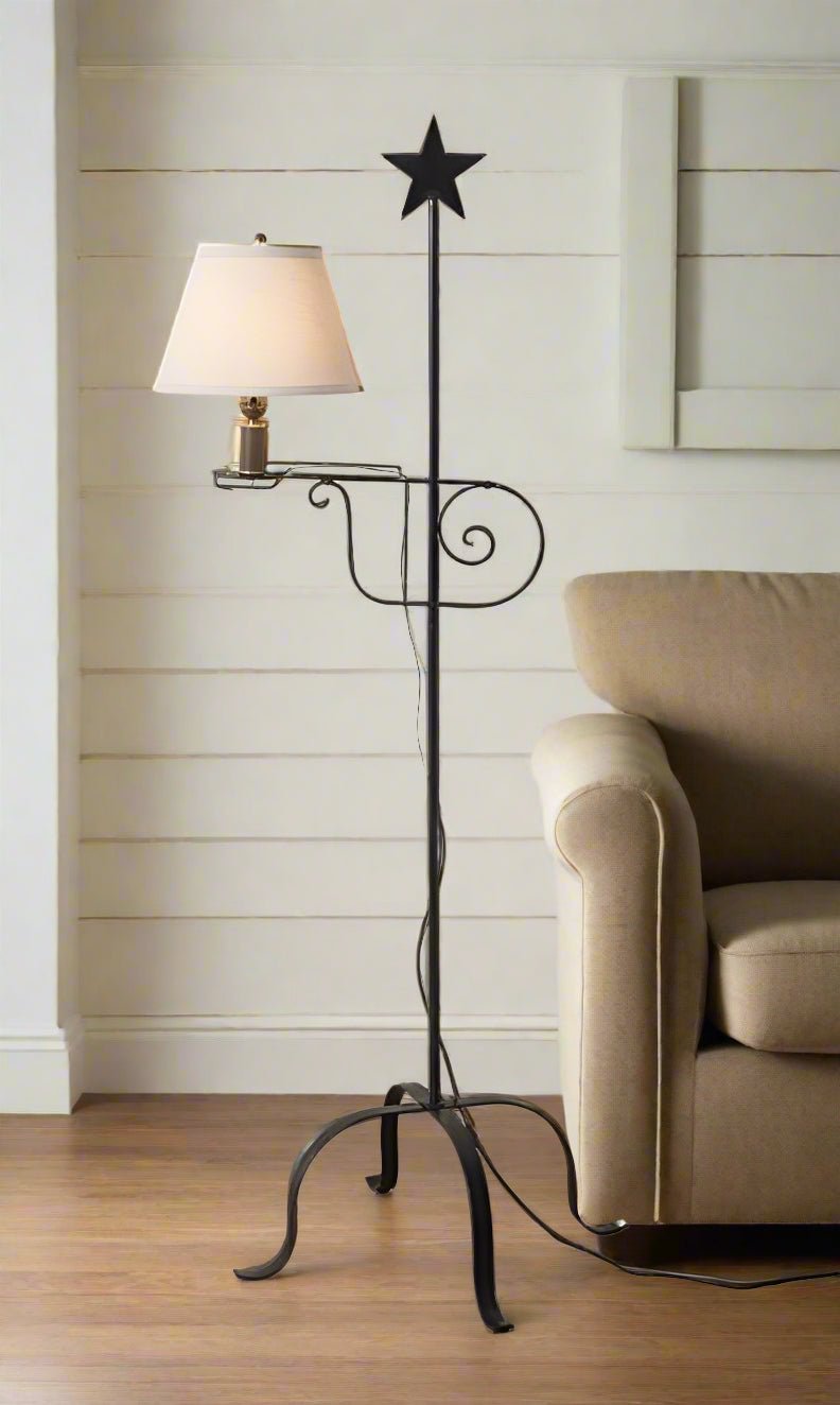 Primitive Wrought Iron Star Top Adjustable Floor Lamp with Shade USA - The Primitive Pineapple Collection
