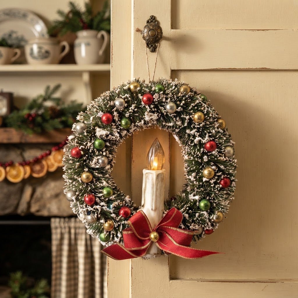Ragon House 6" Retro Bottle Brush Christmas Wreath with Candle - The Primitive Pineapple Collection