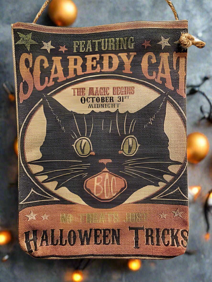 Handcrafted Halloween Primitive Retro look Hanging Scaredy Cat Fabric pouch/Bag - The Primitive Pineapple Collection