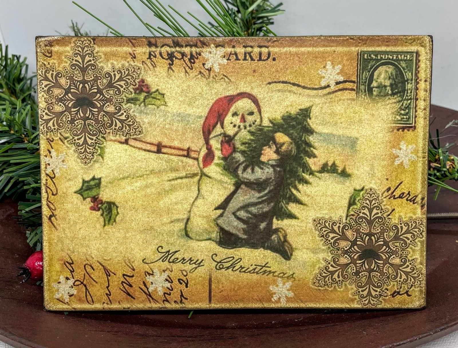 Christmas Handmade Vintage Postcard 5”x7” Canvas Plaque Snowman w/Tree - The Primitive Pineapple Collection