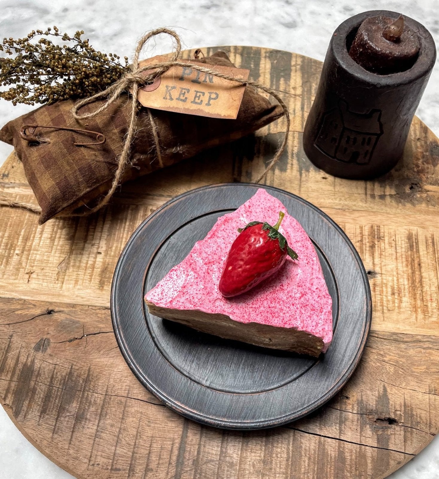 Handcrafted USA Primitive Colonial Yellow Cake Slice w/ Strawberry Frosting - The Primitive Pineapple Collection