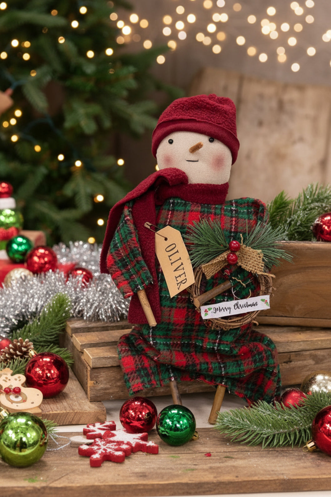 Primitive Country Christmas Plaid Oliver Snowman Doll w/ Grapevine Wreath - The Primitive Pineapple Collection