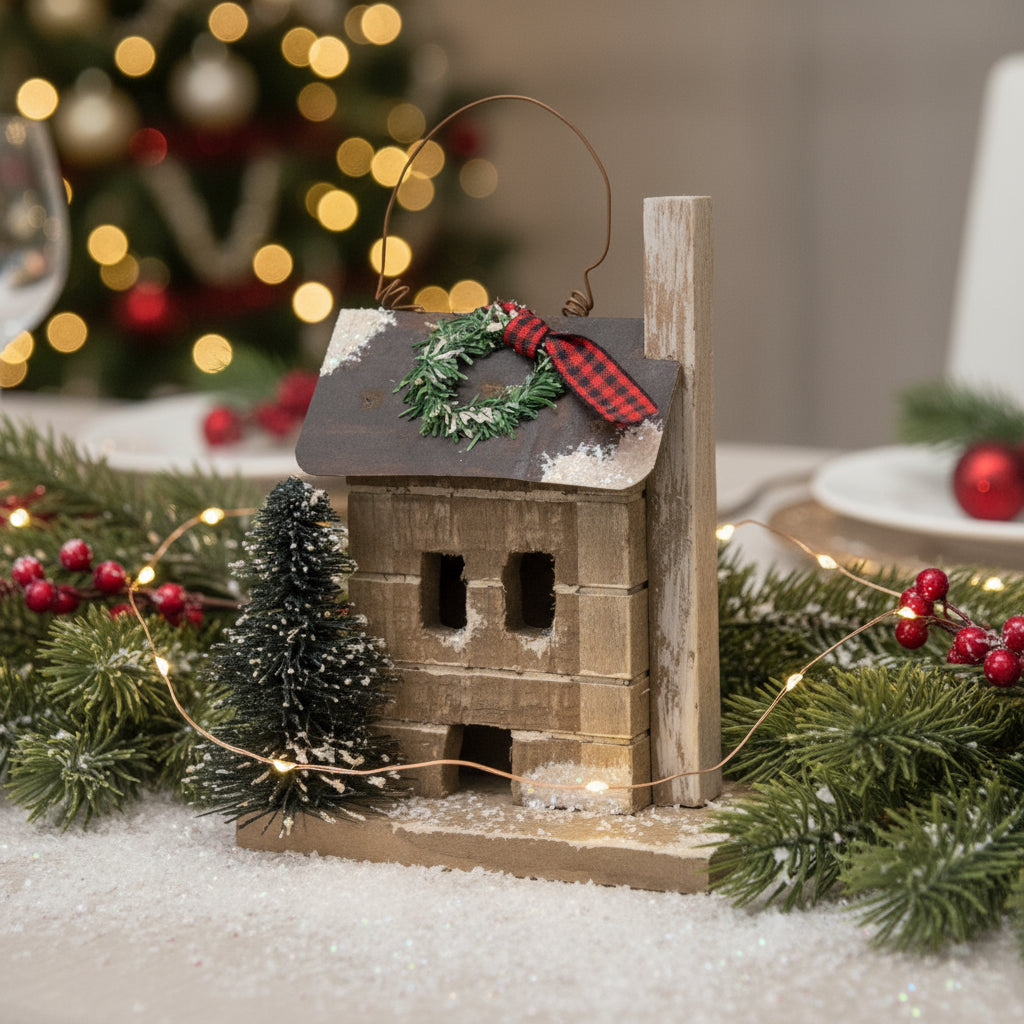 Primitive Christmas Farmhouse Wood Town Snowy Cabin Ornament - The Primitive Pineapple Collection