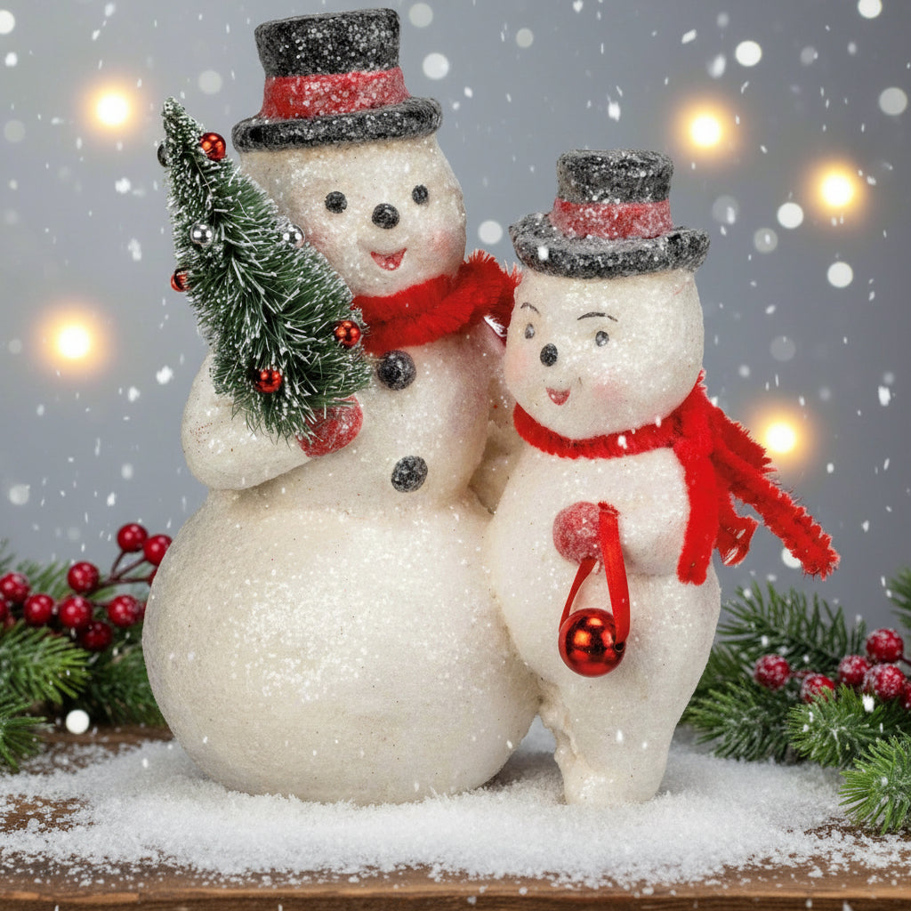 Christmas Pair Of Vintage Look Dapper Snowmen w/ Bottle Brush Tree Figurine - The Primitive Pineapple Collection