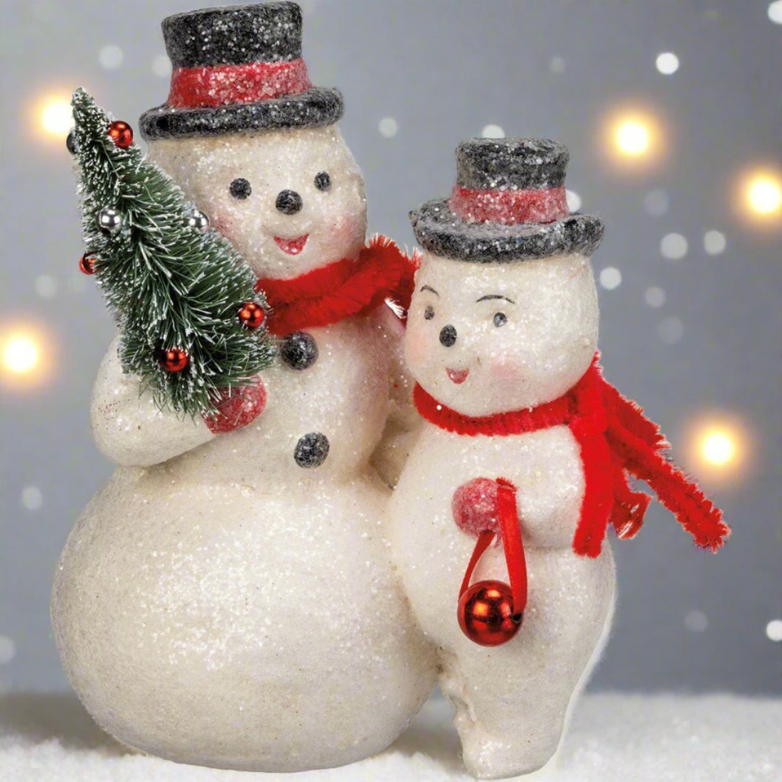 Christmas Pair Of Vintage Look Dapper Snowmen w/ Bottle Brush Tree Figurine - The Primitive Pineapple Collection
