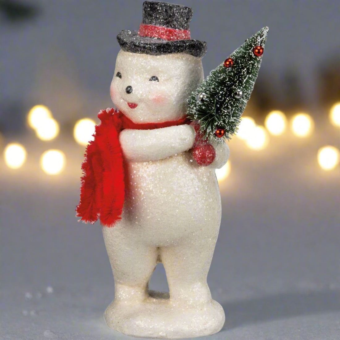 Christmas Vintage Look Top Hat Snowman w/ Bottle Brush Tree Figurine - The Primitive Pineapple Collection