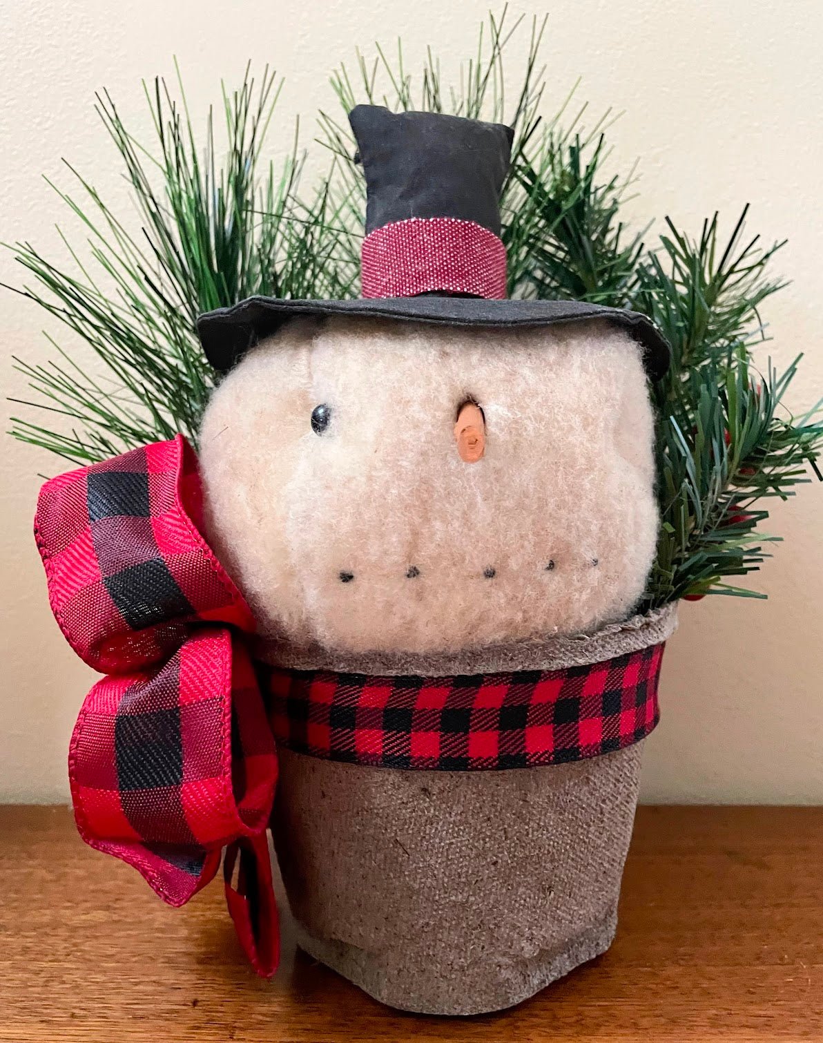 Primitive Folk Art Snowman Head in Pot of Christmas Greens 11" - The Primitive Pineapple Collection