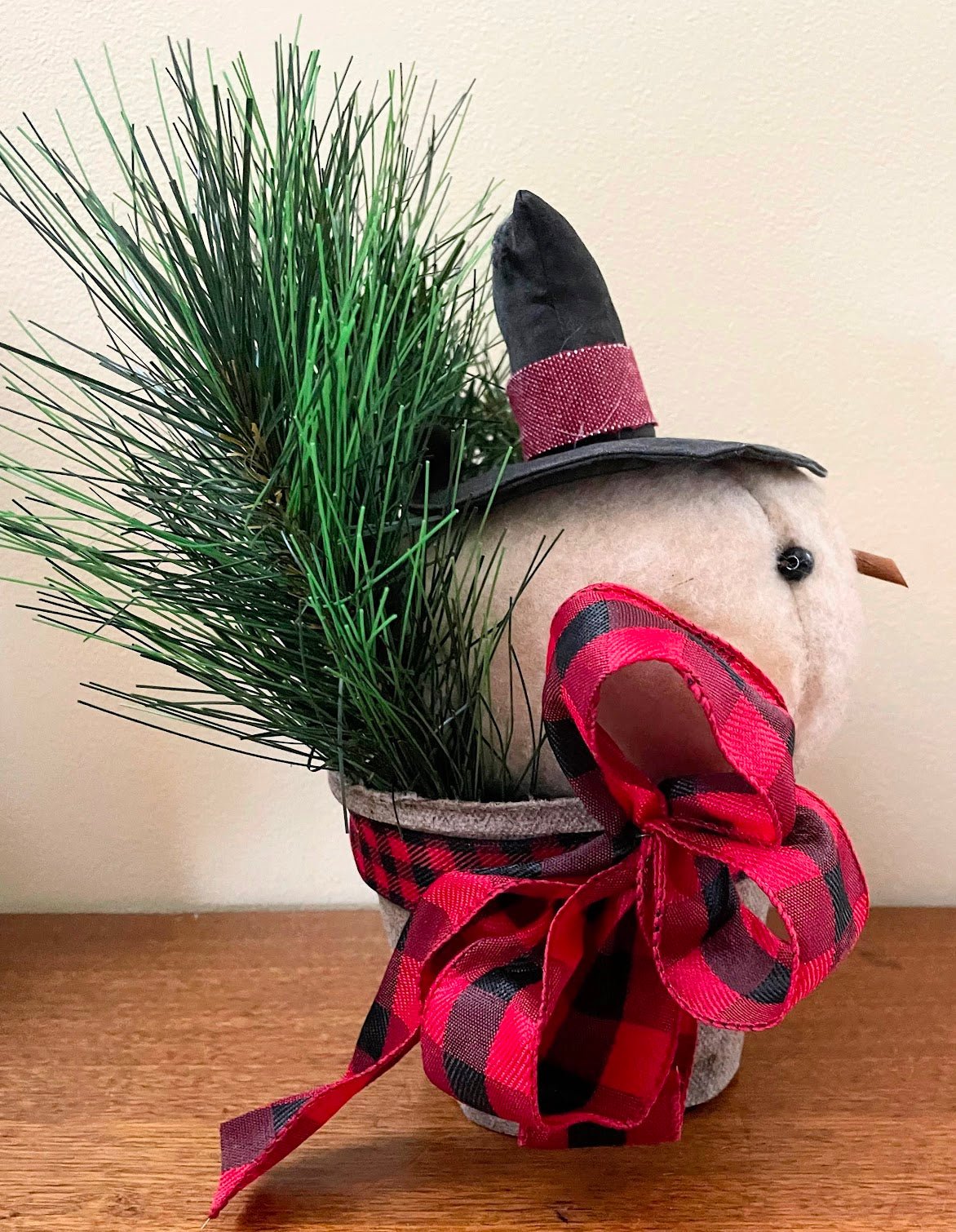 Primitive Folk Art Snowman Head in Pot of Christmas Greens 11" - The Primitive Pineapple Collection