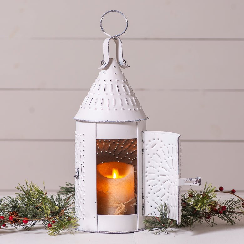 Christmas Colonial 15-Inch Primitive Lantern in Rustic White - The Primitive Pineapple Collection