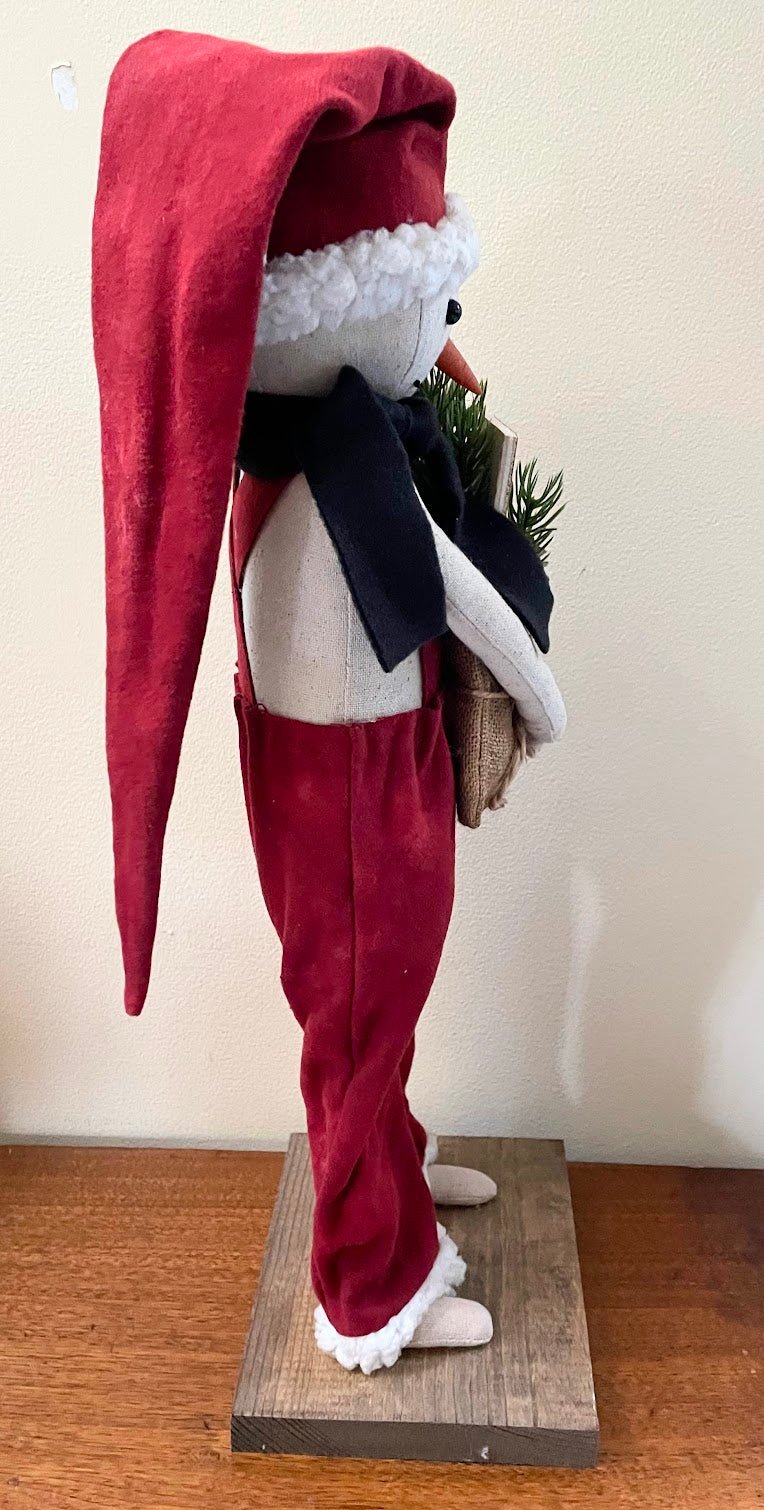 Primitive Christmas Santa Snowman on Stand 20" w/ Stocking Cap/ Greens/Candy Cane - The Primitive Pineapple Collection