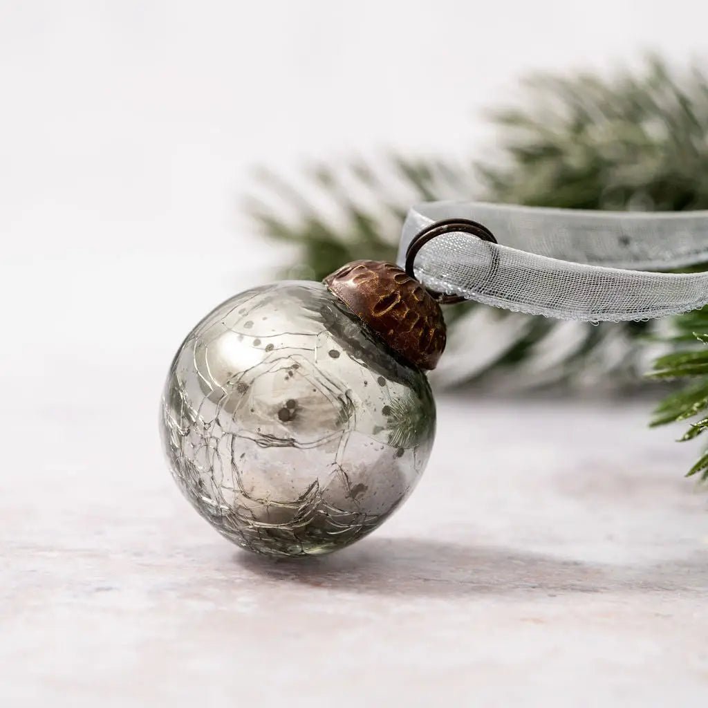 Christmas Handmade 6 pc Small 1&quot; Crackle Glass Ball Ornaments Vintage /Retro Look - The Primitive Pineapple Collection