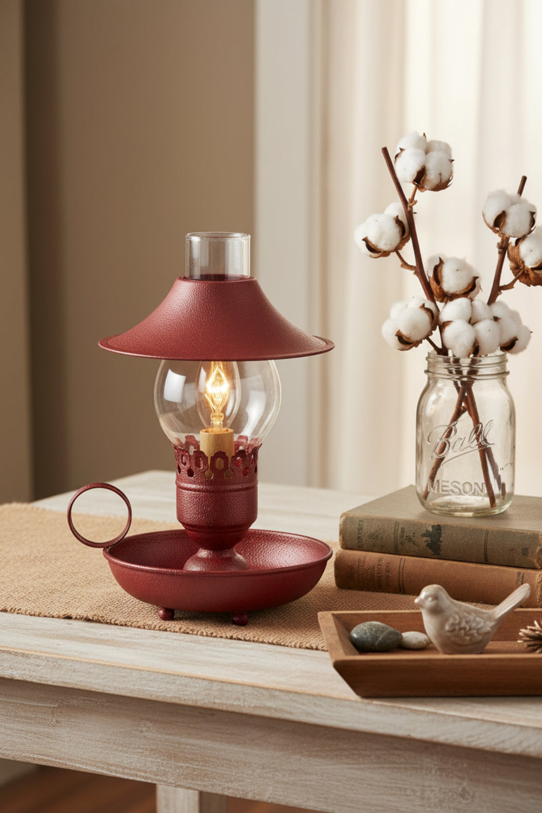 Primitive Farmhouse Red 9" Chamberstick Lamp with Shade and Glass Chimney - The Primitive Pineapple Collection