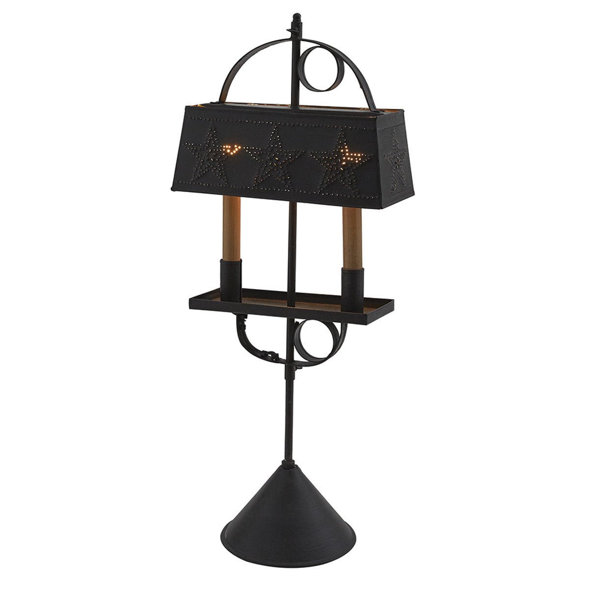 Primitive Colonial Reproduction Two Candle Lamp w/ Punched Tin Shade 26" - The Primitive Pineapple Collection