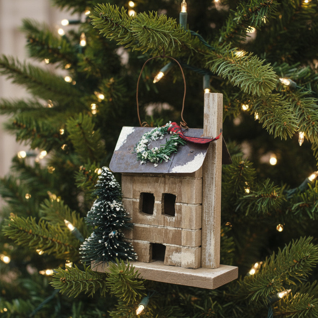 Primitive Christmas Farmhouse Wood Town Snowy Cabin Ornament - The Primitive Pineapple Collection