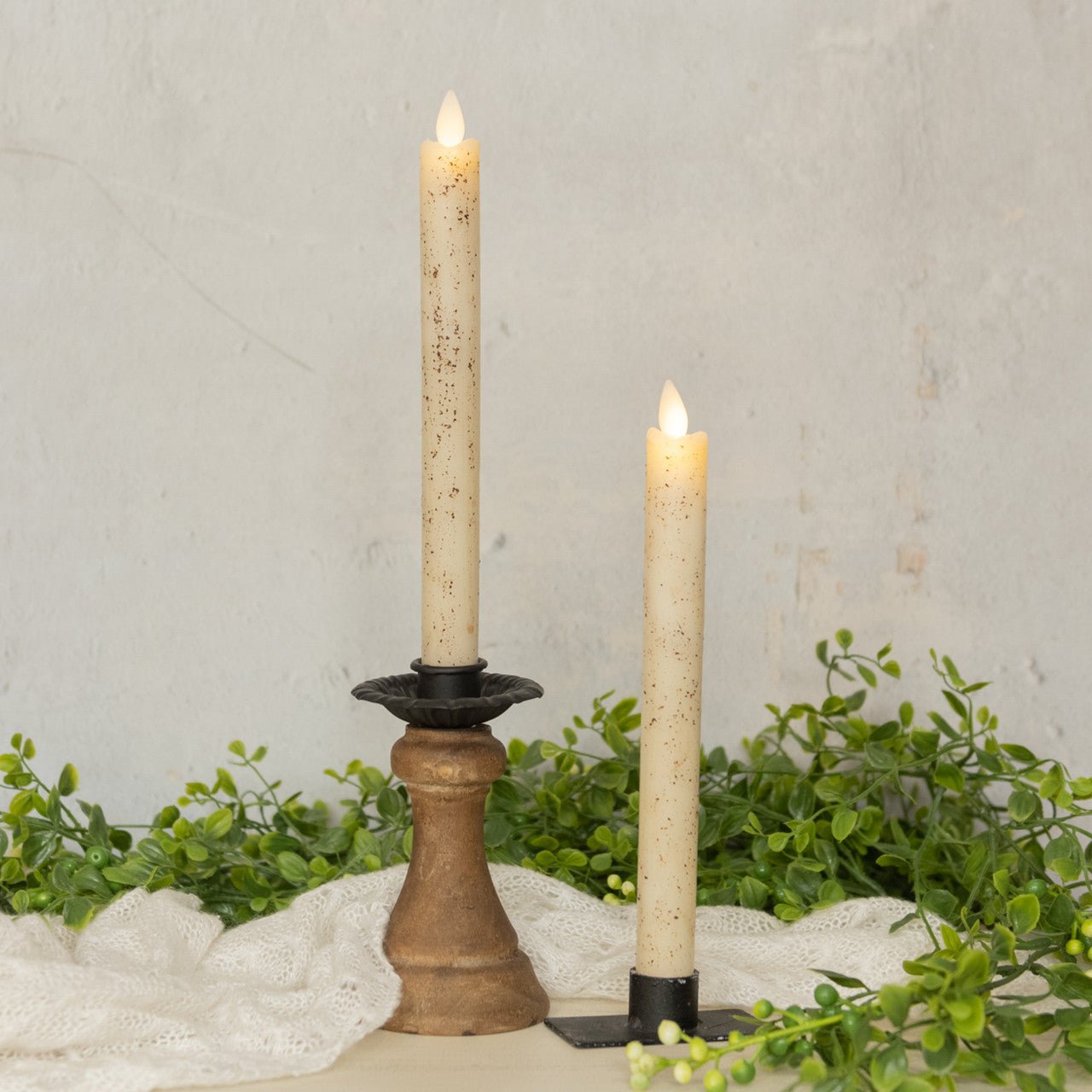 Primitive Country 9.5" Moving Flame 2 pc Cream Taper Candle 6hr timer - The Primitive Pineapple Collection