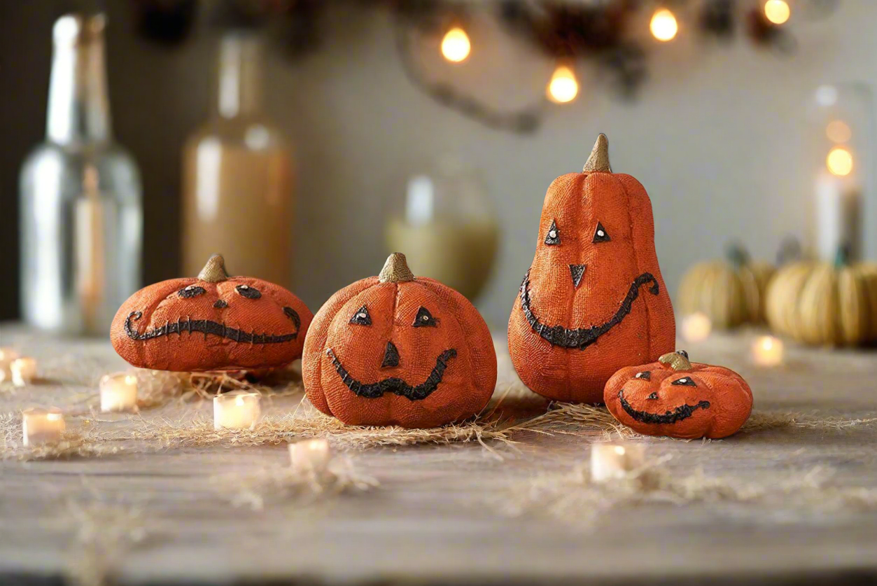 Vintage Retro Look Halloween 4 pc Grinning Jack O Lantern Figurines - The Primitive Pineapple Collection