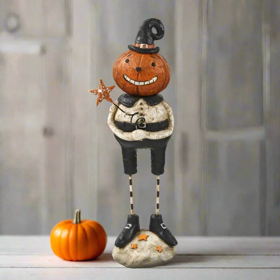 Folk Art Halloween 7.5 Inch Resin Standing Pumpkin Man w/ Star Figurine - The Primitive Pineapple Collection