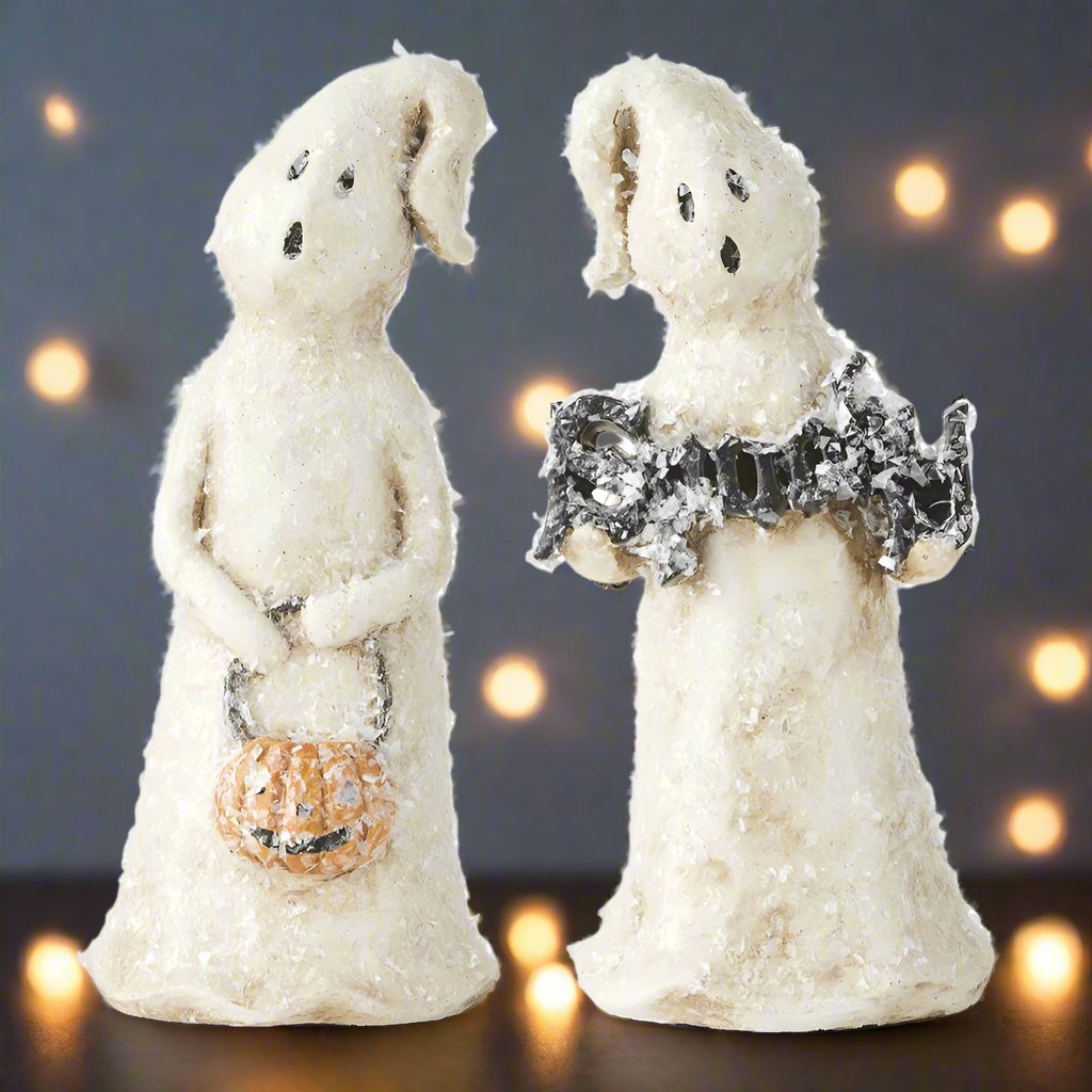 Folk Art Halloween 7.75 Inch Glitter Halloween Ghost w/Jack O Lantern Pail - The Primitive Pineapple Collection