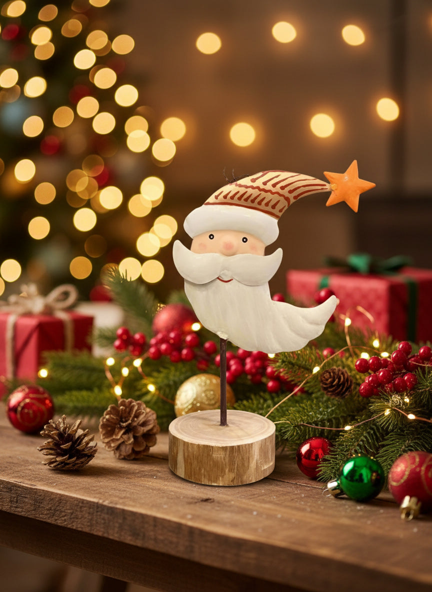 Primitive Christmas 9.75" Distressed Metal Santa on Wood Base - The Primitive Pineapple Collection