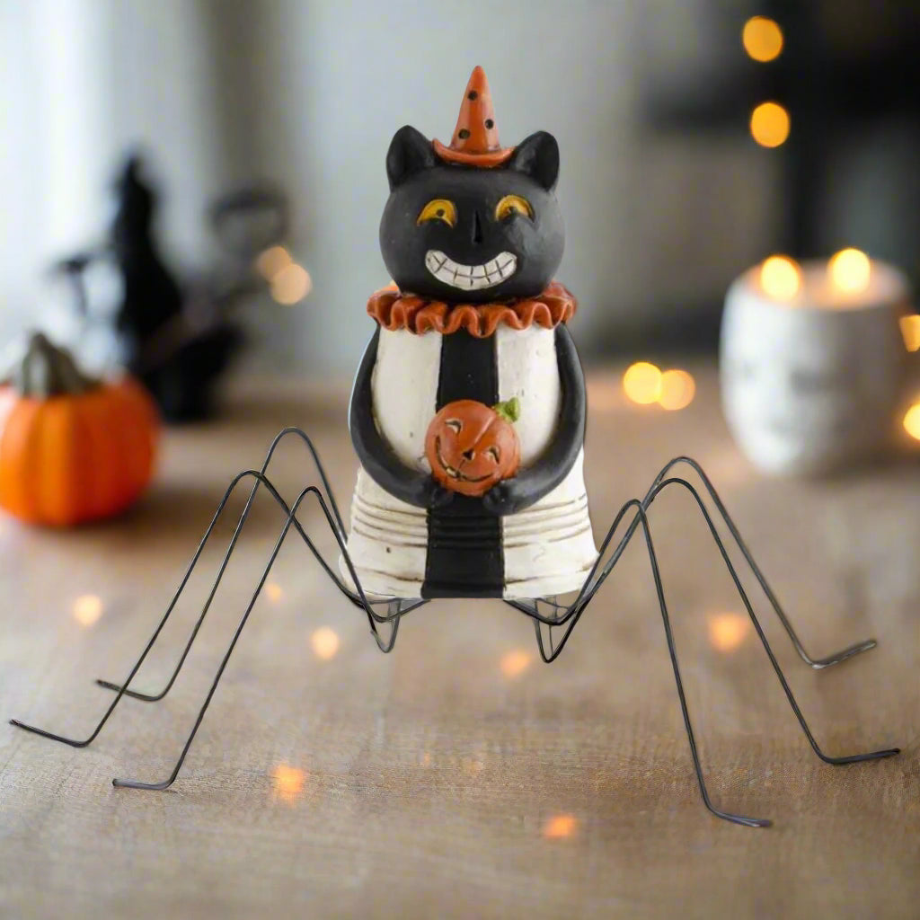 Folk Art Halloween 4.5 Inch Resin Spider Black Cat Metal Leg - The Primitive Pineapple Collection