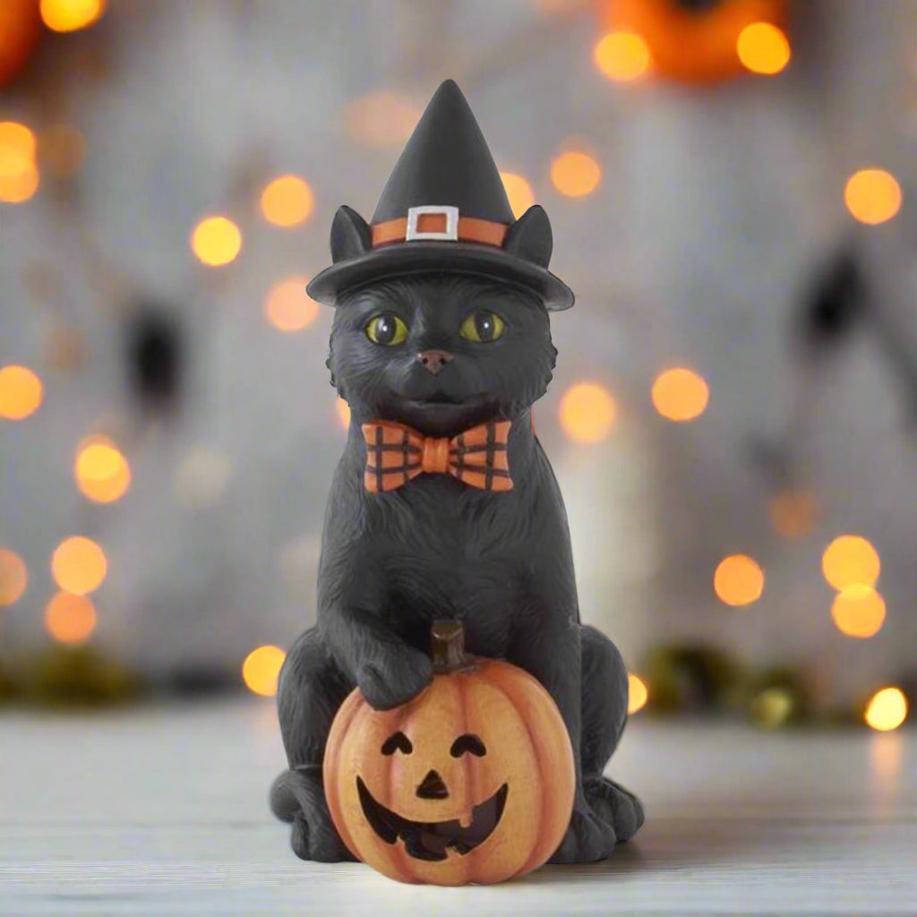 Folk Art Halloween 7.5 Inch Black Resin Cat w/Witch Hat & LED Jack O Lantern - The Primitive Pineapple Collection