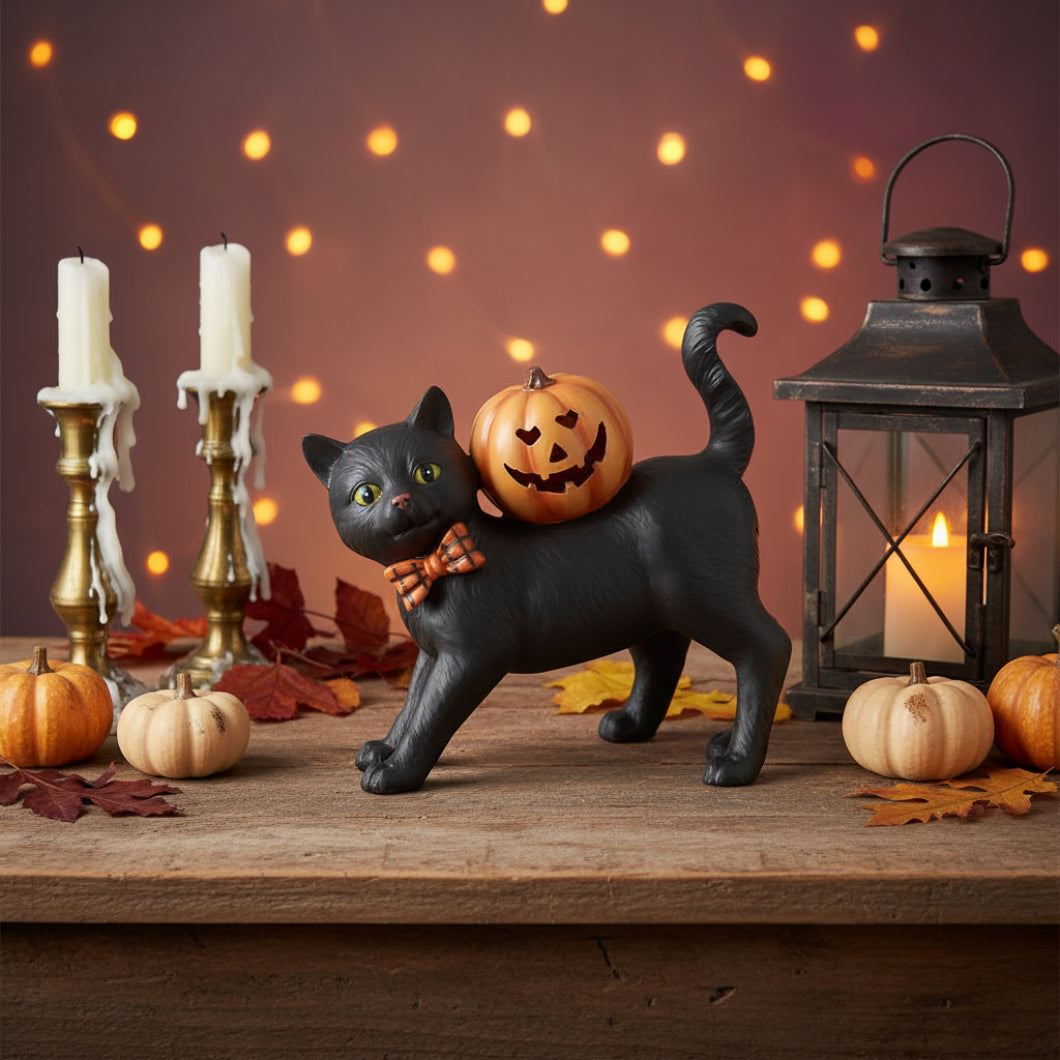 Folk Art Halloween 6.75 Inch Black Resin Cat w/Bow Tie LED Jack O Lantern - The Primitive Pineapple Collection