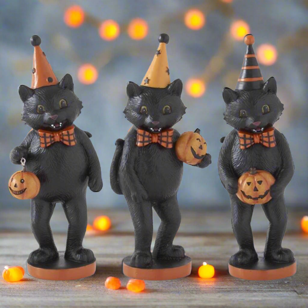 Folk Art Halloween 9.25 Inch Black Resin Cat Figurine w/Party Hat 3 Styles - The Primitive Pineapple Collection
