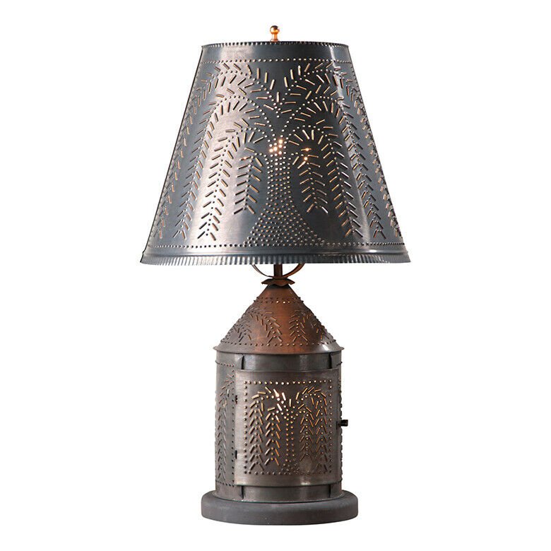 Primitive Country Tinware Fireside Lamp with Willow Shade Punched Tin - The Primitive Pineapple Collection