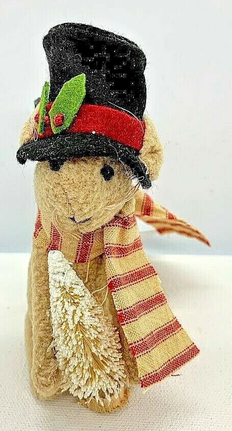 Primitive 4 " Mouse with Tree ,scarf and Top hat Shelf Sitter Country - The Primitive Pineapple Collection