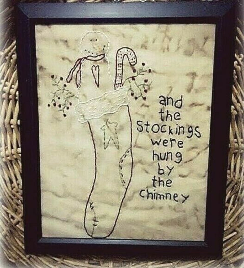 Primitive Colonial Stitched Folk Art Framed Sampler Stockings were Hung 8" x10" - The Primitive Pineapple Collection