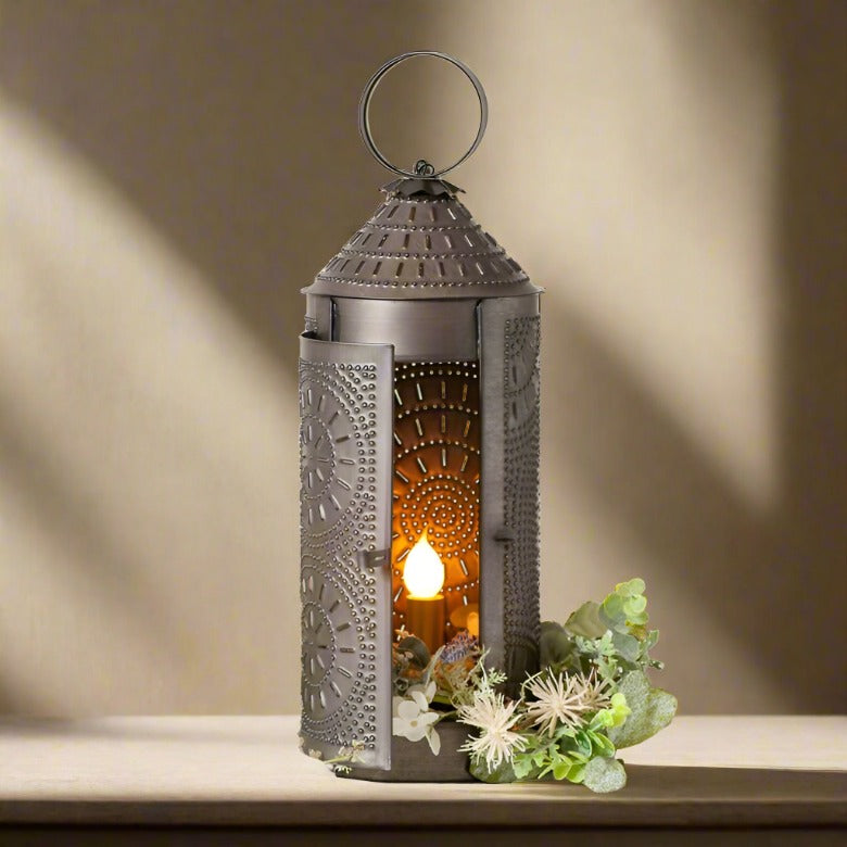 Primitive Country Punch Tin Electric 18-Inch Chimney Lantern Black - The Primitive Pineapple Collection