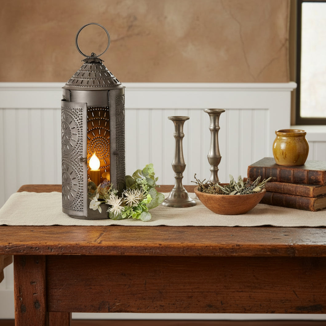 Primitive Country Punch Tin Electric 18-Inch Chimney Lantern Black - The Primitive Pineapple Collection