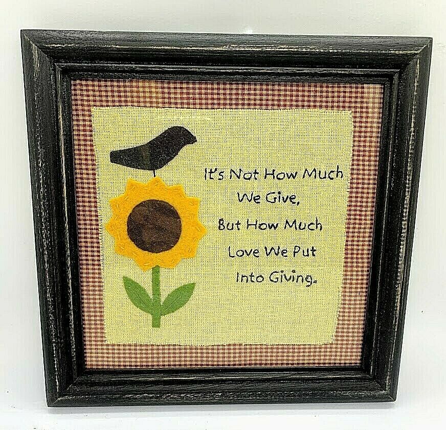 Primitive/Country Stitchery CROW/SUNFLOWER Distressed black wood frame w/Glass - The Primitive Pineapple Collection