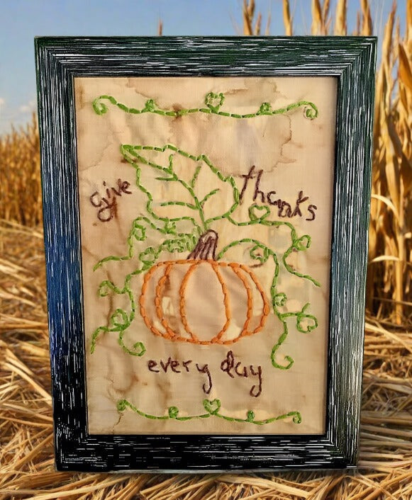 Primitive Colonial Stitched Folk Art Framed Sampler Give Thanks 5x7&quot; Stitchery - The Primitive Pineapple Collection
