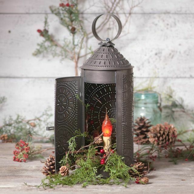 Primitive Country Punch Tin Electric 18-Inch Chimney Lantern Black - The Primitive Pineapple Collection