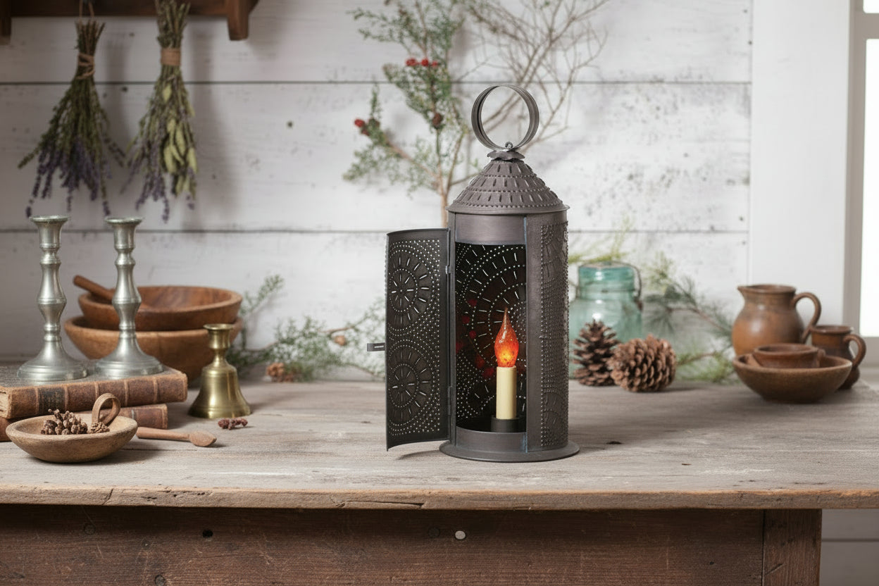 Primitive Country Punch Tin Electric 18-Inch Chimney Lantern Black - The Primitive Pineapple Collection