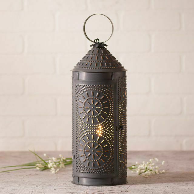 Primitive Country Punch Tin Electric 18-Inch Chimney Lantern Black - The Primitive Pineapple Collection
