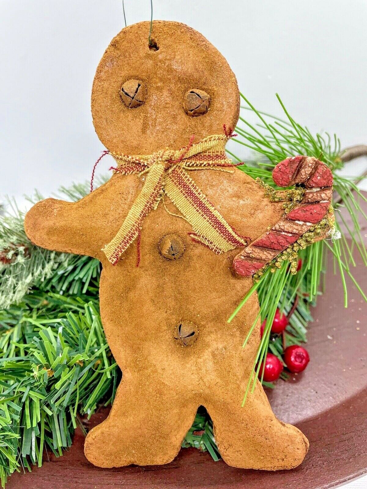Primitive Christmas 6 "Handmade Hanging Gingerbread Man w/ Candy Cane - The Primitive Pineapple Collection
