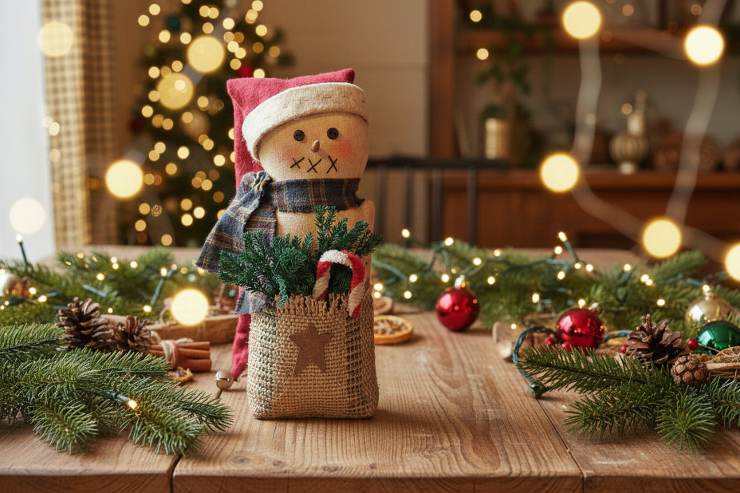 Primitive Handcrafted Snowman Stump Doll 9" Shelf Sitter Princess Pine - The Primitive Pineapple Collection