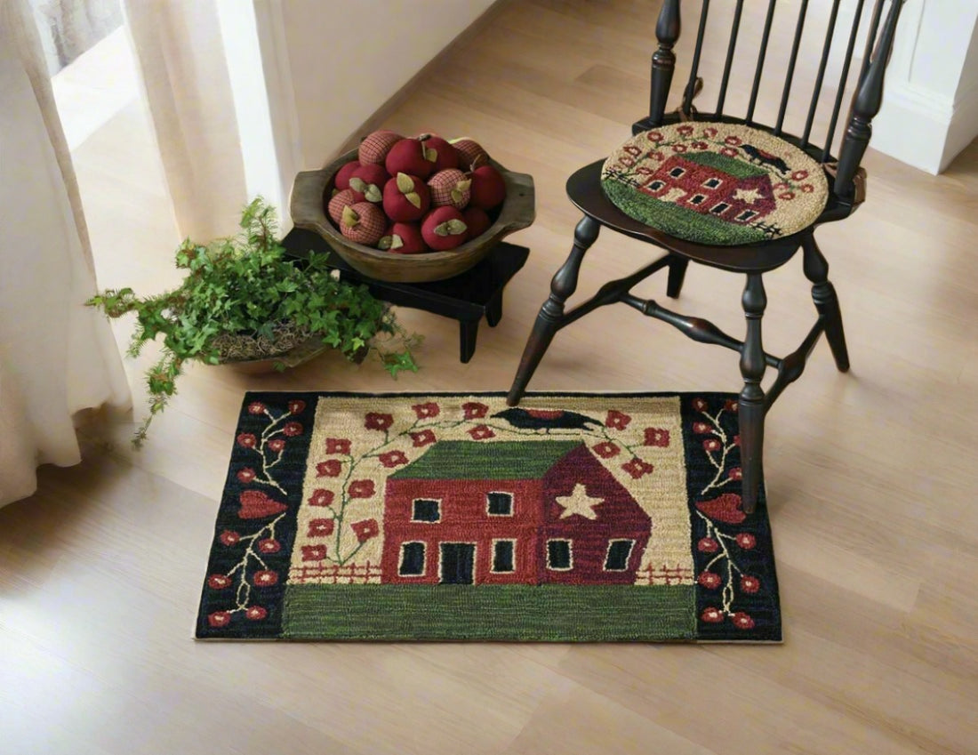 Primitive/Farmhouse Red House Hooked Accent Rug 2x3 - The Primitive Pineapple Collection