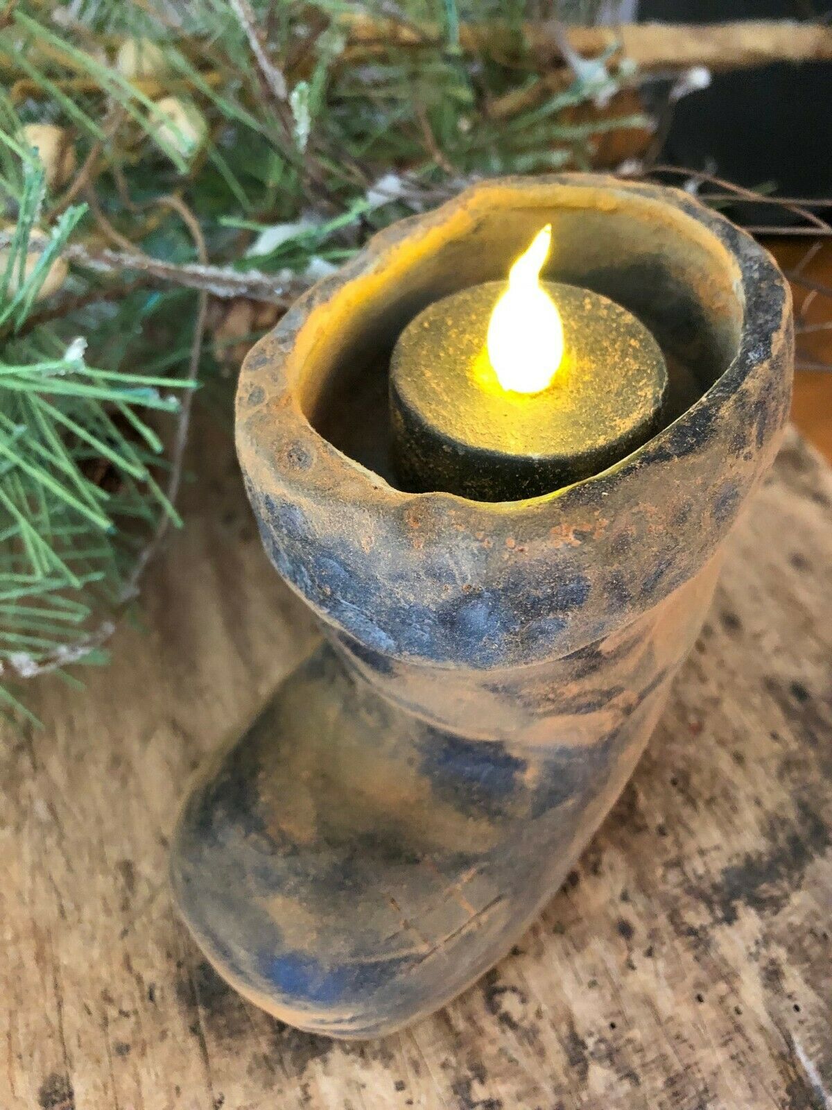 Primitive Christmas Blackened Beeswax Santa Boot Flicker Light - The Primitive Pineapple Collection