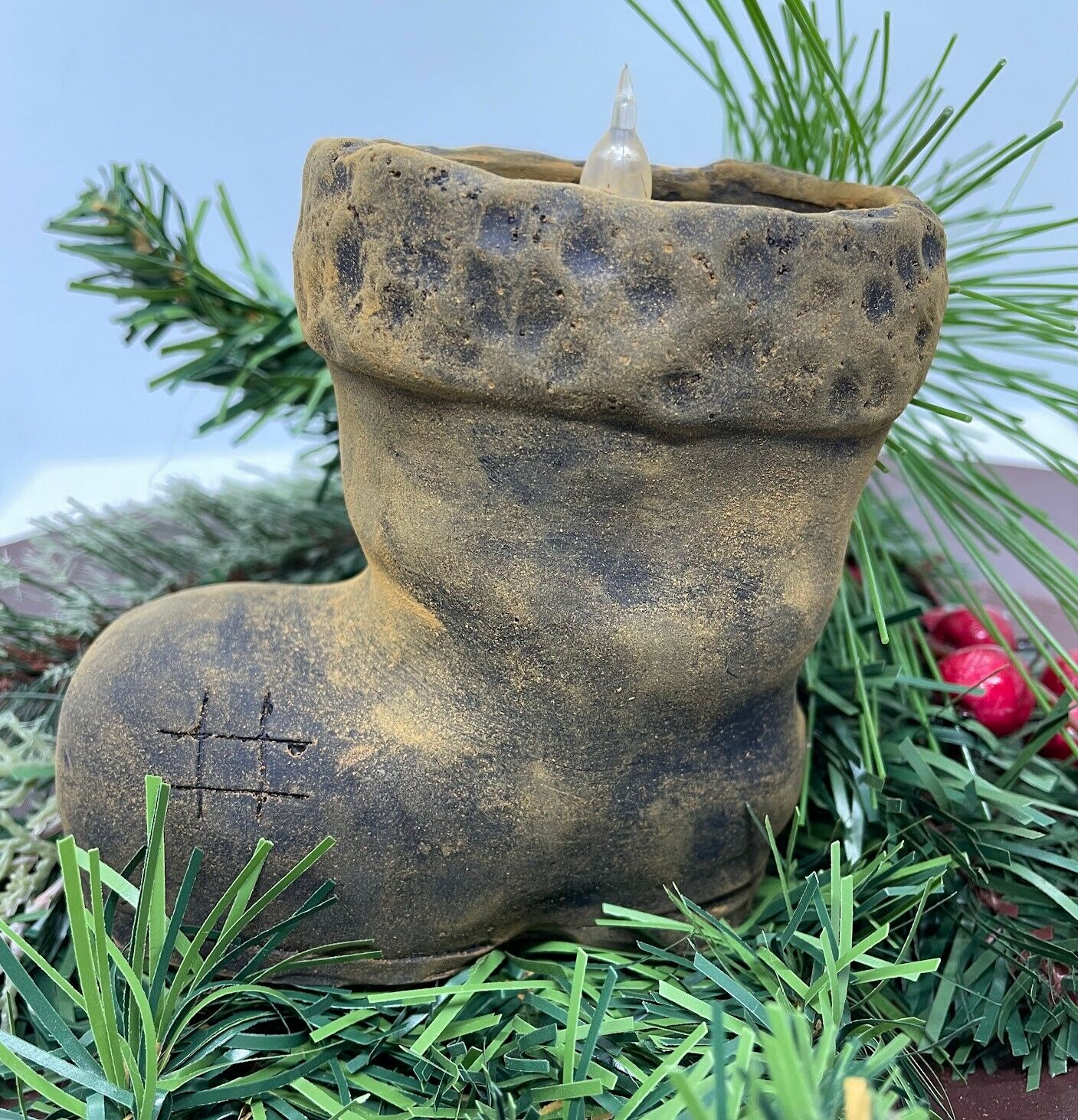 Primitive Christmas Blackened Beeswax Santa Boot Flicker Light - The Primitive Pineapple Collection