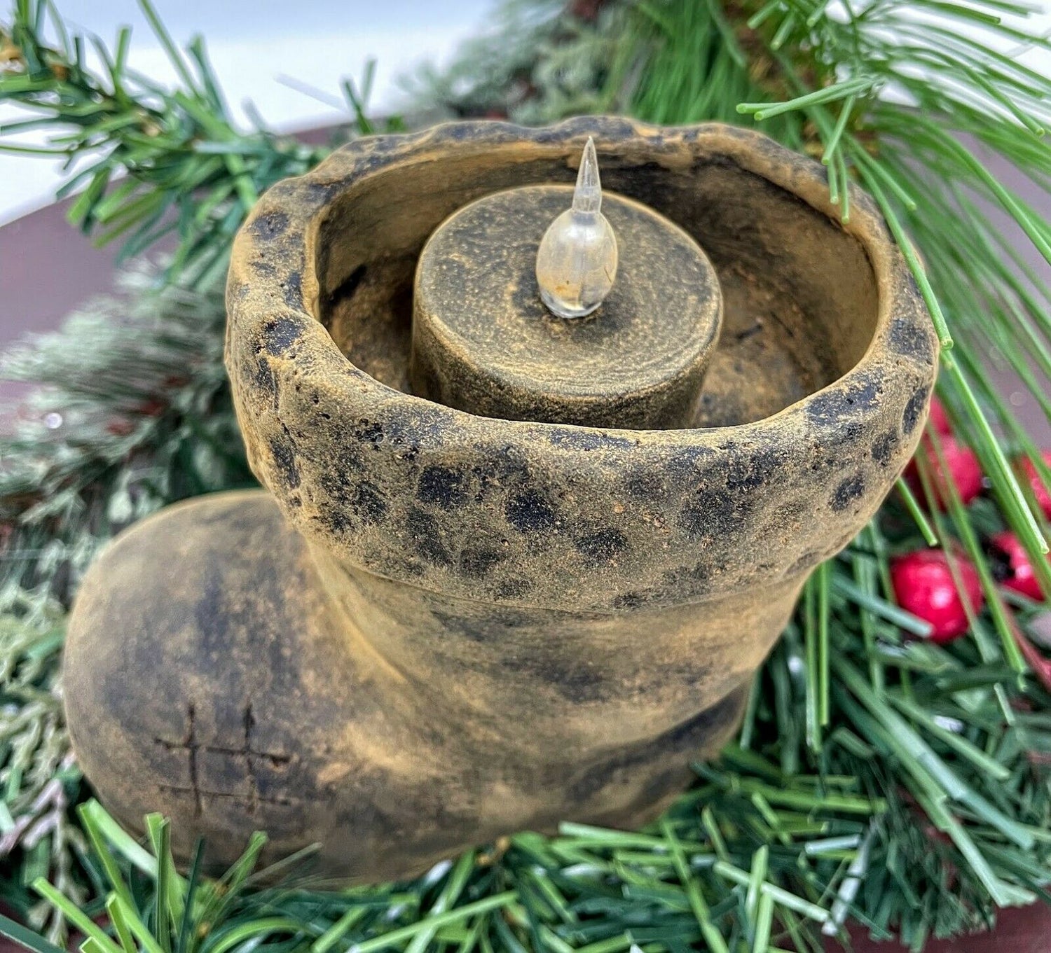 Primitive Christmas Blackened Beeswax Santa Boot Flicker Light - The Primitive Pineapple Collection